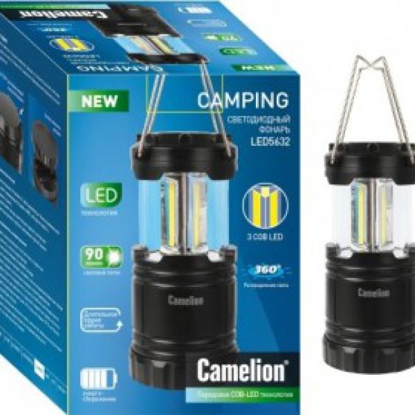 Фонарь кемпинговый LED5632 (3xR03) 3св/д COB (90lm) крюк, черный/пластик Camelion 676888